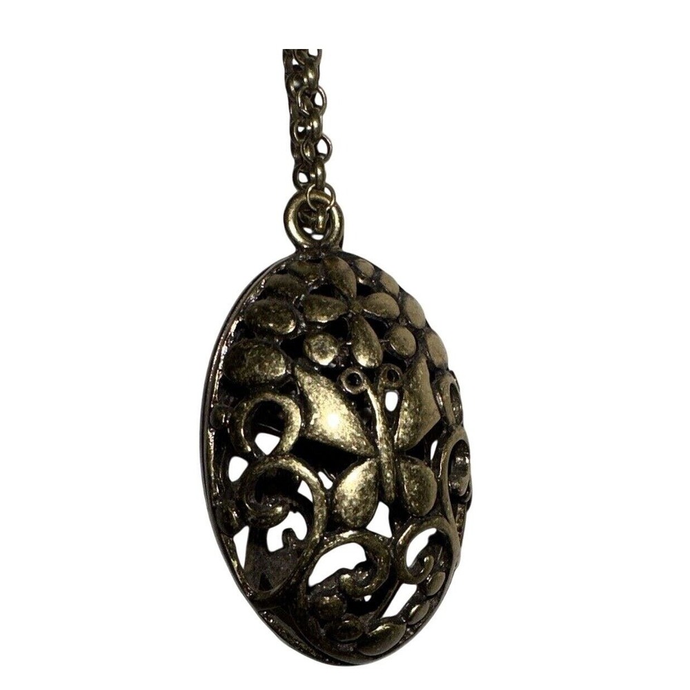 Filigree Egg Pendant Necklace Bronze‎ Tone Openwork Floral Design